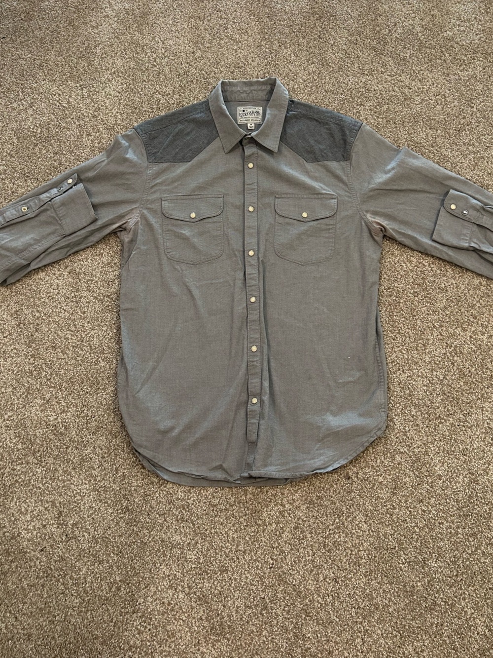 Lucky Brand Men’s Gray Button-Down Shirt with Dark Shoulder Panels